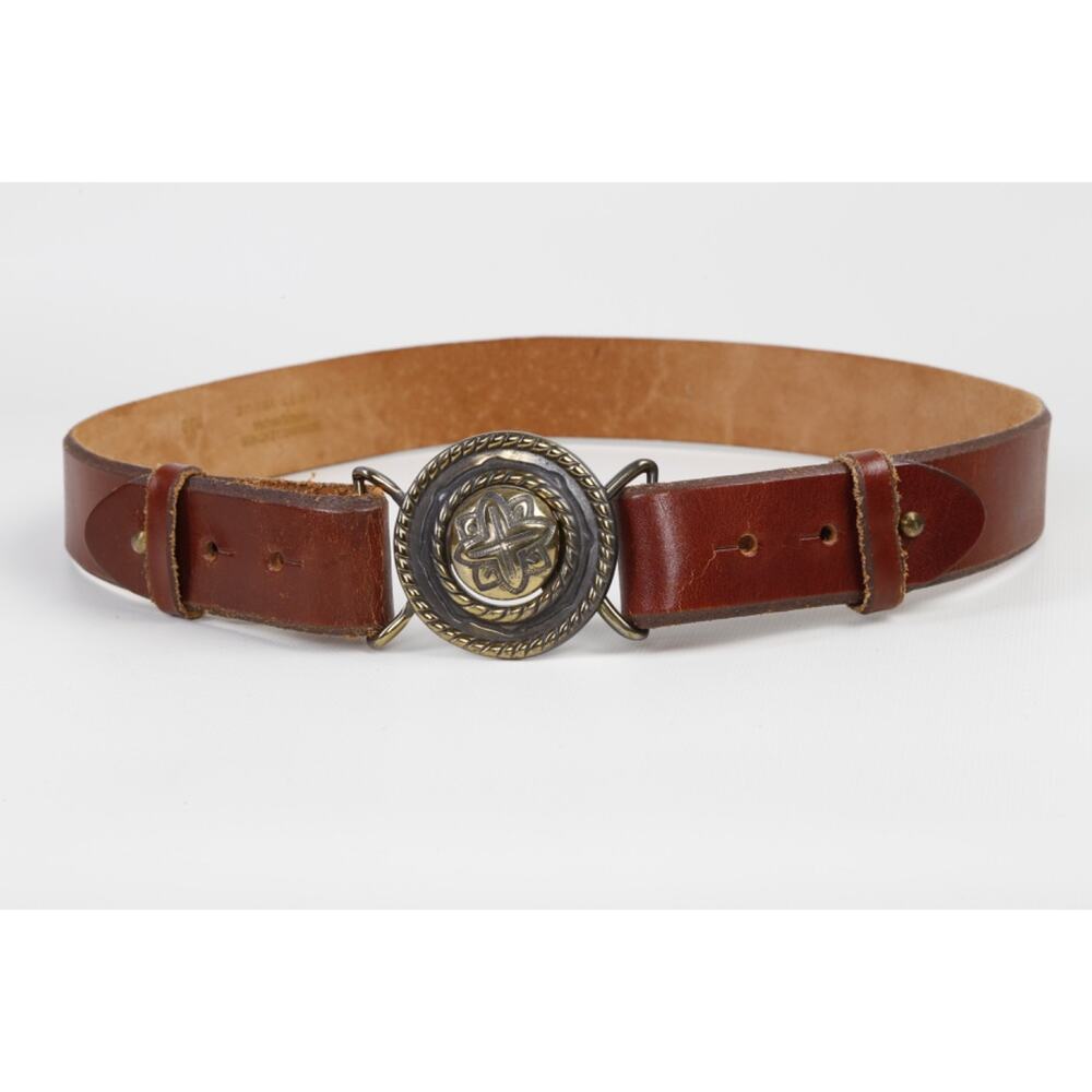 Vintage First Issue Brown Leather Belt Brass Medallion Buckle Size 30